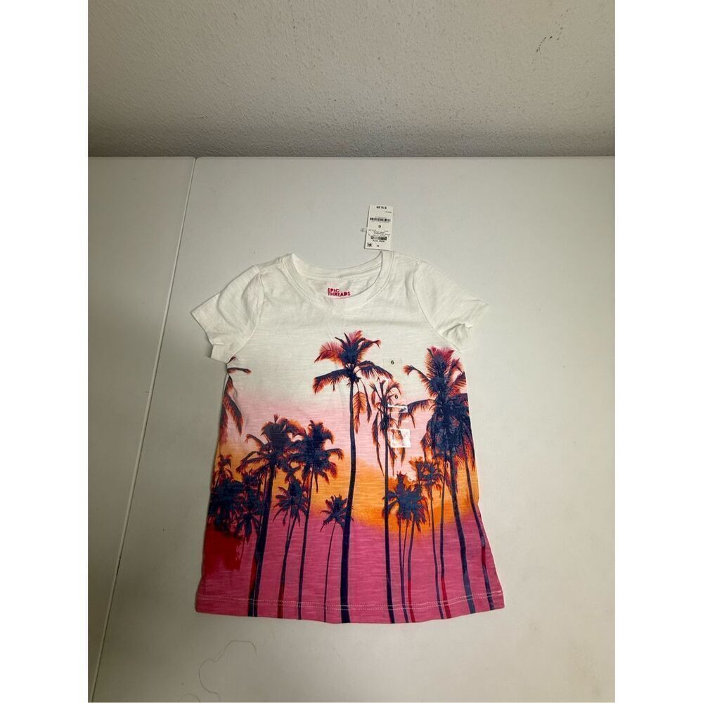 NWT Epic Threads Sunset Palm Tree Tee Kids Size 6 Cotton Blend White Pink